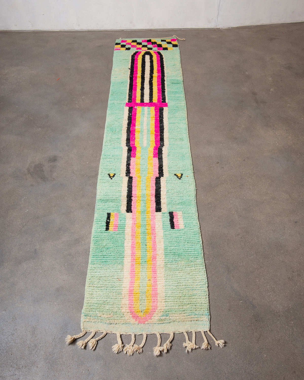 Modern, designer, handcrafted Berber runner rug from Morocco. Vintage carpet with beautiful colours and patterns and fluffy texture.